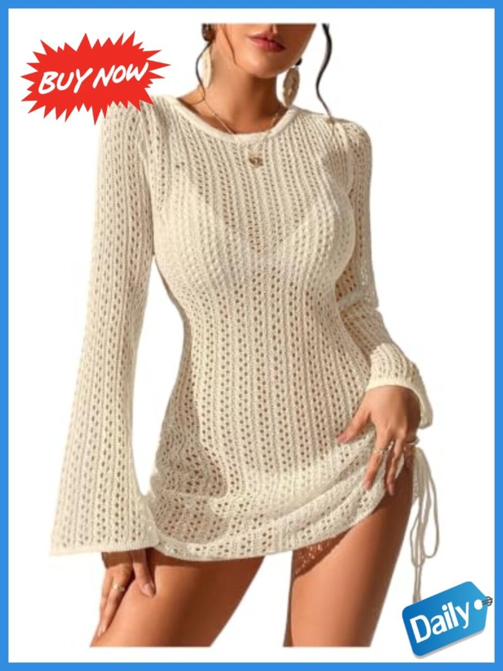 Crochet Swim Cover Up Long Sleeve Beach Dress